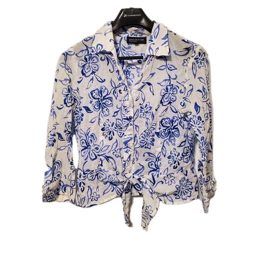 Jones New York White Blue Floral Cotton Tie Front Ruffle Button Top Medium